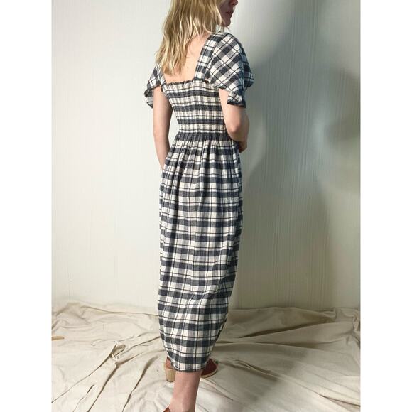 THE GREAT Gingham B&W Plaid Smocked Bust Flutter Sleeve Maxi Dress US SMALL - Picture 7 of 16